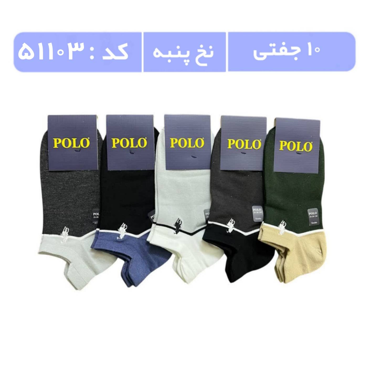 جوراب مردانه مچی گلدوزی پولو (10 جفتی) پنبه، سایز 40 تا 44، طرح سه پاشنه دو رنگ